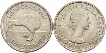 Новая Зеландия 1 флорин 1965 Елизавета II (1952-2022), птичка киви KM 28.2 медно-никель UNC 51-132