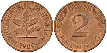 ФРГ 2 пфеннига 1984 G J.381a, KM 106a сталь плакированная медью    4598-869