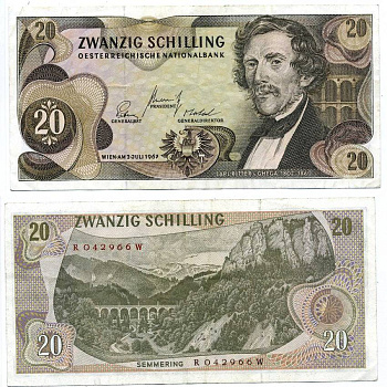 АВСТРИЯ 20 ШИЛЛИНГОВ 1967 (1968) 2 ИЮЛЯ 1967, КАРЛ РИТЕР фон ГЕГА Pick 142a бумага VF-XF 8605-23-4-2