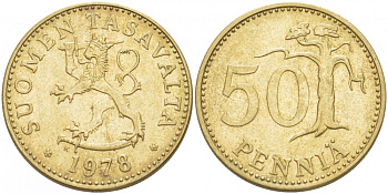 ФИНЛЯНДИЯ 50 ПЕННИ 1978 K KM 48 алюминиевая бронза 212-1047