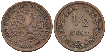 НИДЕРЛАНДЫ 1/2 ЦЕНТА 1901 ВИЛЬГЕЛЬМИНА (1890-1948) KM 109 бронза 39-145