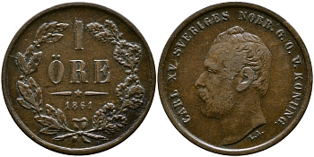 Швеция 1 эре 1861 Карл XV (1859-1872) KM 705 бронза 76-129