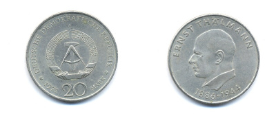 ГДР 20 марок 1971 A, 85 лет со дня рождения Эрнста Тельмана KM 34, J. 1535 медно-никель 3333-634