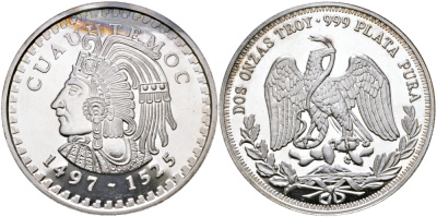 Мексика 2 унции ND ИНДЕЕЦ CUAUHTEMOC (1475-1525), ДИАМЕТР 48 ММ., ВЕС 2 ТРОЙСКИЕ УНЦИИ серебро PROOF 00-00