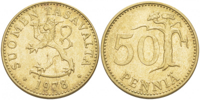 ФИНЛЯНДИЯ 50 ПЕННИ 1978 K KM 48 алюминиевая бронза 212-1047