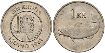 Исландия 1 крона 1981 треска KM 27 медно-никель 4156-327