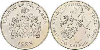 Гамбия 20 даласи 1995 50 лет ООН KM 37 медно-никель 3897-921