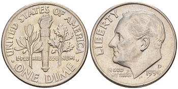 США 10 ЦЕНТОВ = 1 ДАЙМ 1994 D, РУЗВЕЛЬТ KM 195a медь плакированная медно-никелем 187-1111