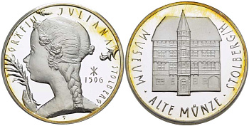 Штольберг (Харц) медаль 2006 Штольберг, музей старинных монет, графиня Юлиана 1506 год, в буклете, с описанием, диаметр 35 мм.  серебро  PROOF  6-5-3-37