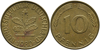 ФРГ 10 ПФЕННИГОВ 1980 D KM 108, J.383 сталь плакированная латунью 33-142