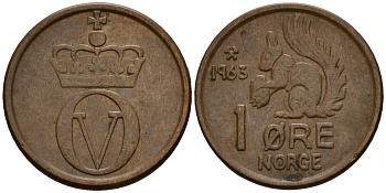 Норвегия 1 эре 1963 Улаф V (1958 - 1991) KM 403 бронза 4154-753