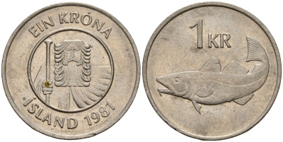 Исландия 1 крона 1981 треска KM 27 медно-никель 4156-327