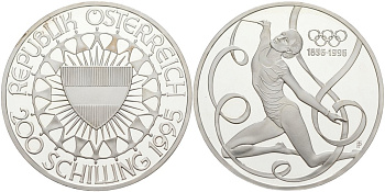 Австрия 200 шиллингов 1995 100 лет Олимпийским играм, гимнастика KM 3027 серебро PROOF 01-150-43