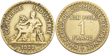 ФРАНЦИЯ 1 ФРАНК 1922 CHAMBRES DE COMMERCE KM 876, LE FRANC 218.4 алюминиевая бронза 210-1131