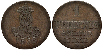 Ганновер 1 пфенниг 1838 B, Эрнст Август (1837-1851) KM 176, AKS 127, J. 53 медь 75-469