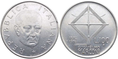 ИТАЛИЯ 100 ЛИР 1974 R, 100 ЛЕТ МАРКОНИ KM 102 нержавеющая сталь 109-1212