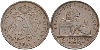 БЕЛЬГИЯ 2 САНТИМА 1911 BELGEN KM 65 медь 68-215