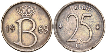 Бельгия 25 сантимов 1969 Belgie, Бодуэн I (1951-1993) KM 154.1 медно-никель 4588-465