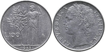 ИТАЛИЯ 100 ЛИР 1955 R, АФИНА KM 96.1 нержавеющая сталь 97-536