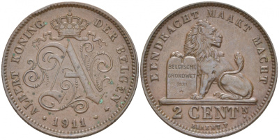 БЕЛЬГИЯ 2 САНТИМА 1911 BELGEN KM 65 медь 68-215