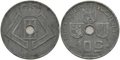 Бельгия 10 сантимов 1944 Belgie - Belgique, Леопольд III (1934-1947), германская оккупация, Вторая мировая война KM 126 цинк 4161-345