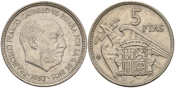 Испания 5 песет 1957 (62) Франсиско Франко (1939 - 1975) KM 786 медно-никель 4155-537