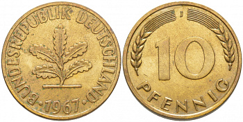ФРГ 10 ПФЕННИГОВ 1967 J KM 108, J. 383 сталь плакированная латунью 4127-624