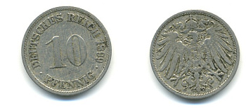 ГЕРМАНИЯ 10 ПФЕННИГОВ 1899 D KM 12, J. 13 медно-никель 4379-827