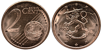 ФИНЛЯНДИЯ 2 ЕВРОЦЕНТА 2000 KM 99 сталь плакированная медью UNC 4181-446