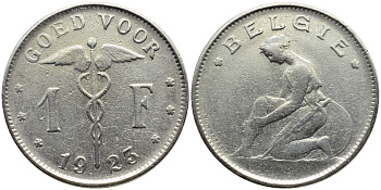Бельгия 1 франк 1923 Belgie, Альберт I (1909-1934) KM 90 никель 4610-615