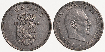 ДАНИЯ 1 КРОНА 1968 C; S, ФРЕДЕРИК IX (1947-1972) KM 851.1 медно-никель 73-1115