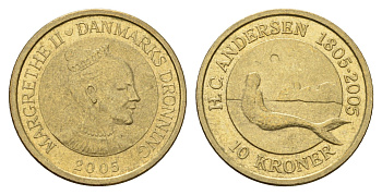Дания 10 крон 2005 Сказка - Русалочка KM 900 алюминиевая бронза aUNC 119-821