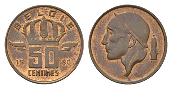 Бельгия 50 сантимов 1980 Belgie, Бодуэн I (1951-1993) KM 149 бронза 4627-757