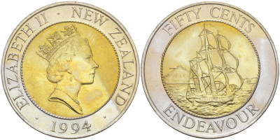 Новая Зеландия 50 центов 1994 Елизавета II (1952-2022), парусник Индевор KM 90 биметалл UNC 1522-931
