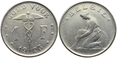 Бельгия 1 франк 1923 Belgie, Альберт I (1909-1934) KM 90 никель 4610-615