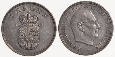ДАНИЯ 1 КРОНА 1968 C; S, ФРЕДЕРИК IX (1947-1972) KM 851.1 медно-никель 73-1115