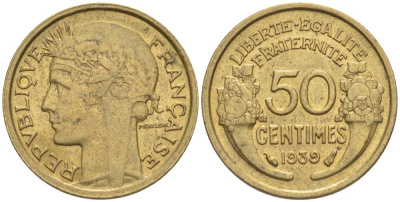 ФРАНЦИЯ 50 САНТИМОВ 1939 ТИП MORLON KM 894.1, LE FRANC 192.15 алюминиевая бронза 44-912