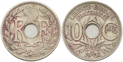 ФРАНЦИЯ 10 САНТИМОВ 1932 ТИП ЛИНДАЙЁ KM 866а медно-никель 4402-757