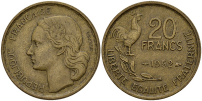 Франция 20 франков 1952 B, Петух KM 917.1 алюминиевая бронза 4159-942