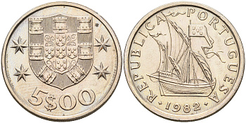 Португалия 5 эскудо 1982 парусник KM 591 медно-никель    4161-814