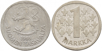 ФИНЛЯНДИЯ 1 МАРКА 1966 S KM 49 серебро 3718-717