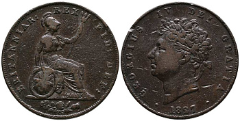 Великобритания 1/2 пенни 1827 Георг IV (1820-1830) KM 692, Spink 3824 медь 1518-913