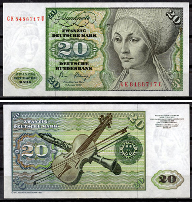 ФРГ 20 марок 1980 Эльсбет Тухер (Альбрехт Дюрер), скрипка, кларнет, Deutsche Bundesbank Pick 32 d  бумага  aUNC 451-920-3