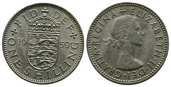 Великобритания 1 шиллинг 1959 Елизавета II (1952-2022), Английский герб KM 904, Spink 4147 медно-никель 4384-412