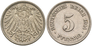 Германия 5 пфеннигов 1914 J KM 11, J.12 медно-никель 4567-1031