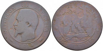 ФРАНЦИЯ 10 САНТИМОВ 1854 D, НАПОЛЕОН III (1852-1870) KM 771.4 бронза 114-1242