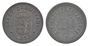 Дармштадт 10 пфеннигов 1917 Funck 88.1A, Men05 4934.1, Men18 6167.1 цинк 4636-1216
