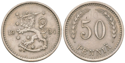 Финляндия 50 пенни 1934 S, редкий год, тираж 612.000 KM 26 медно-никель 4174-1041