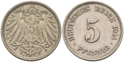 Германия 5 пфеннигов 1914 J KM 11, J.12 медно-никель 4567-1031