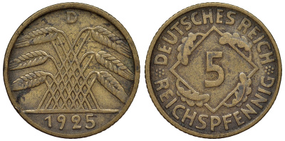 Германия 5 рейхспфеннигов 1925 D KM 39, J. 316 алюминиевая бронза 4124-257